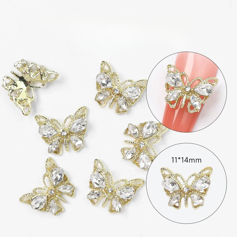 Nuevos accesorios para uñas de mariposa, piedras preciosas de diamante con incrustaciones de Metal, purpurina hecha a mano, juego de aleación de circón de imitación, polvos acrílicos