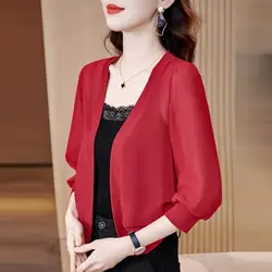 Summer Thin 3/4 Sleeve Coat Women Clothing Simplicity Solid Color Cardigan Ladies All-match Slim Top Tee New Office Lady Chiffon