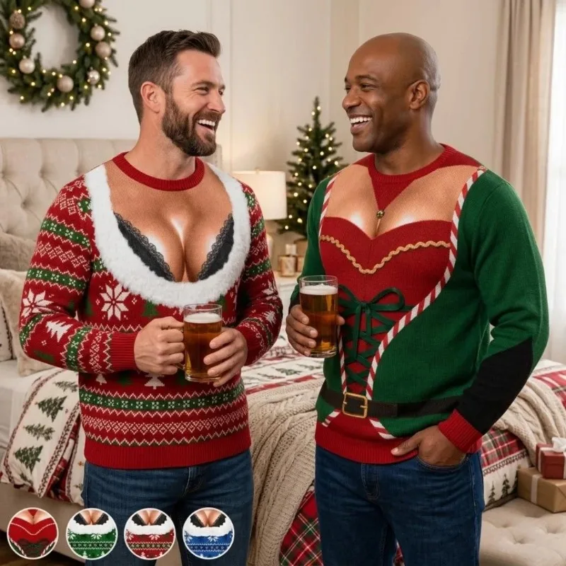 Funny Fake Bust Illusion 3D Print Christmas Long Sleeve Top Couple Matching Ugly Xmas Holiday Party Graphic Tee Men Women
