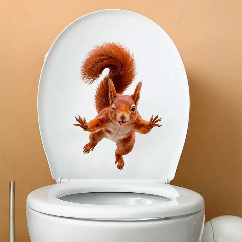 Funny Squirrel PVC Wall Stickers Self-Adhesive Toilet Cover Decals for Bathroom Home Decor Animal Theme Door Window Decor B51