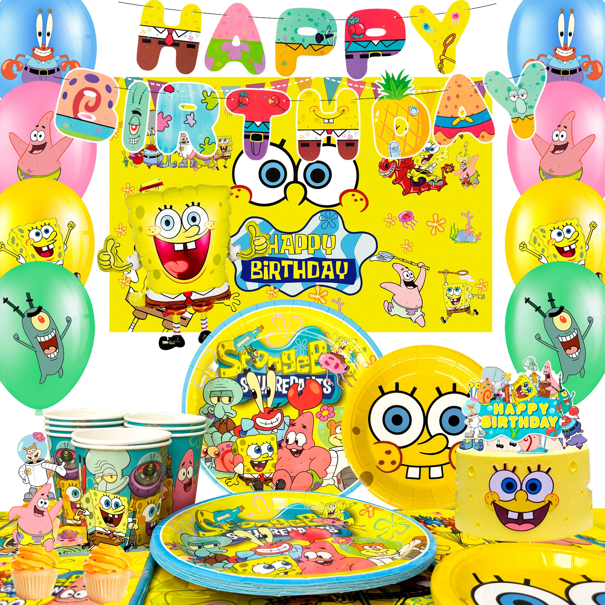 99-teiliges SpongeBob Party-Dekorations- und Partygeschirr-Set – SpongeBob Party-Teller, Becher, Servietten, Hintergrunddekoration, Luftballons, Banner usw. SpongeBob Party-Zubehör