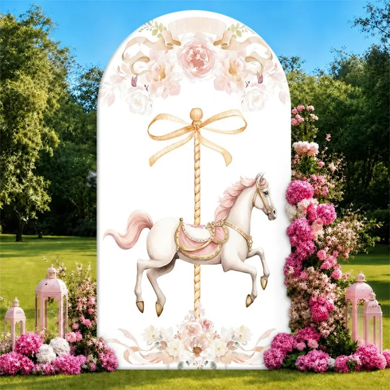 

Single Side Arch Backdrop Cover Elegant Carousel Horse Background Fabric for Wedding or Party Decor with Pastel Flowers