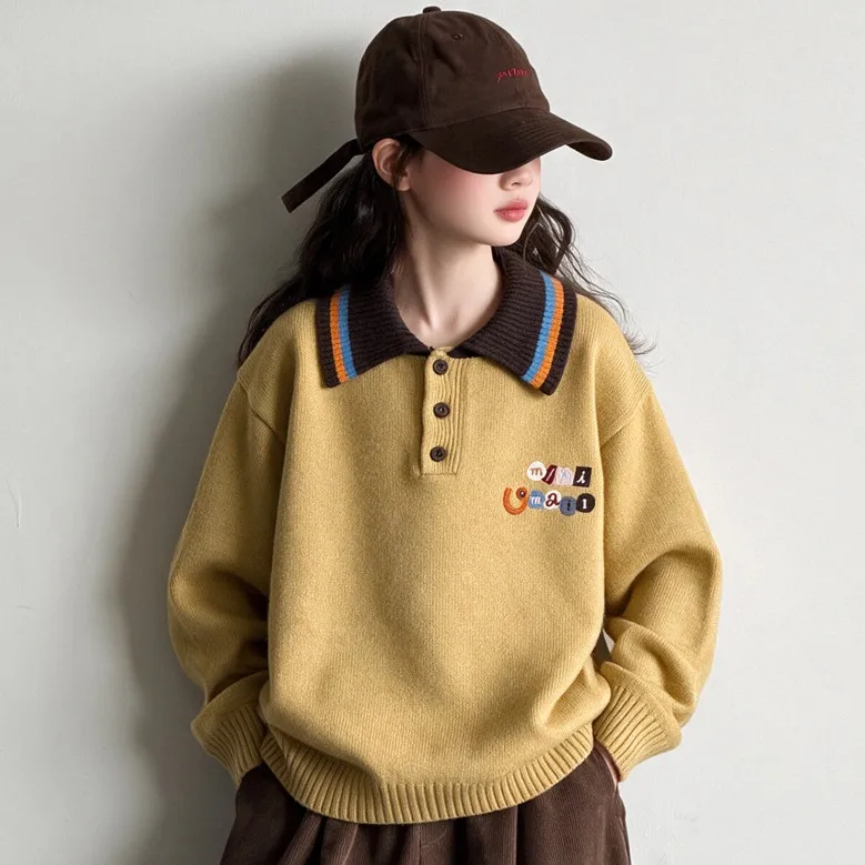 Girls Sweater Polo Collar Yellow Letter Embroidery Autumn Children Tops 2026 Soft Comfortable