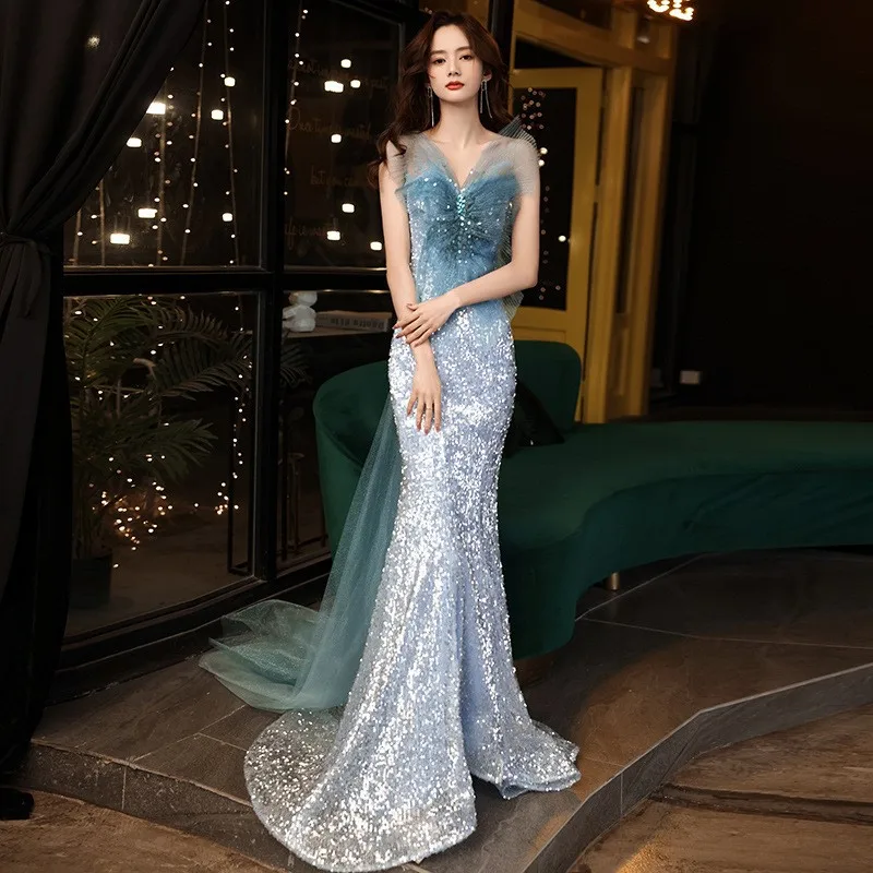 

New fishtail sequined banquet blue strapless long dress for hosting