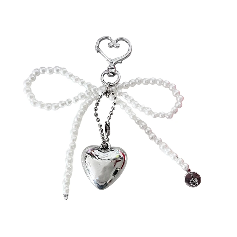 Korean Sweet Pearl Bow Keychain Heart Pendant Keyring Y2K Aesthetic Key Holder For Girls Bag Pendant Accessories