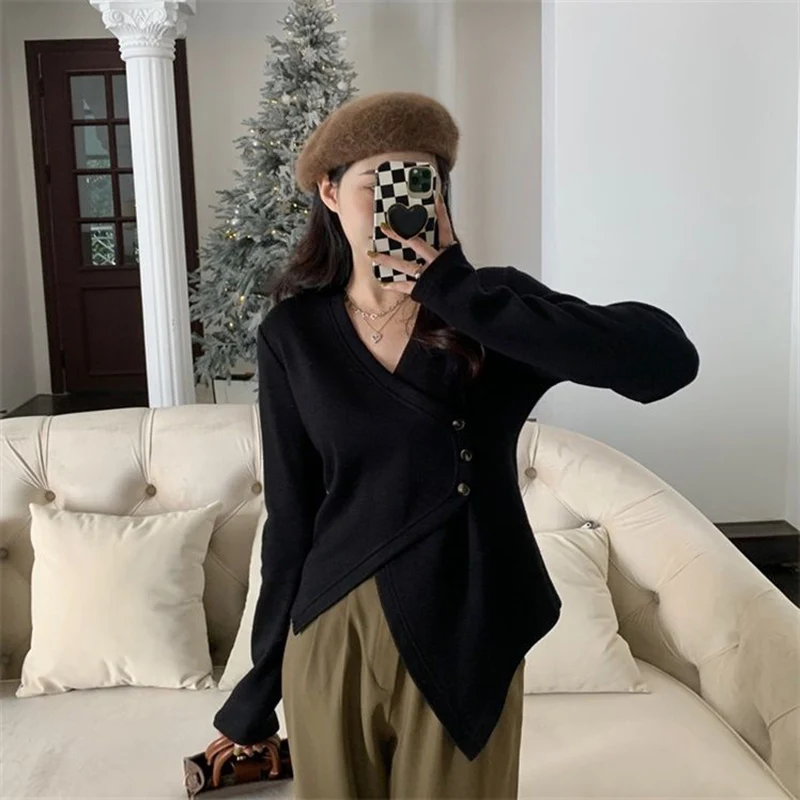 Fashion V-Neck Solid Color Button Asymmetrical Blouses Women's Clothing 2023 Autumn Winter Loose Casual Tops Irregular Shirts