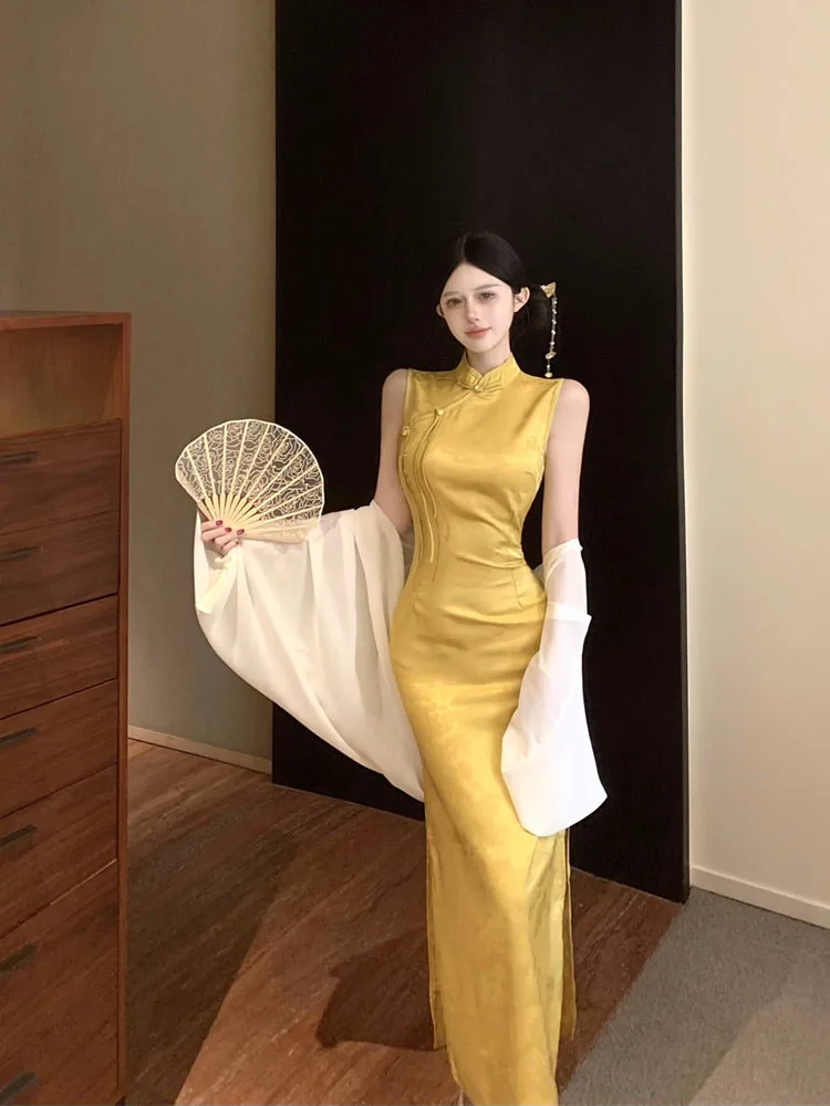 ReddaChic Women's Qipao Dress with Split Tank Jacquard Sleeveless Slit Mandarin Collar Cheongsam Chinese Style Formal Clothes