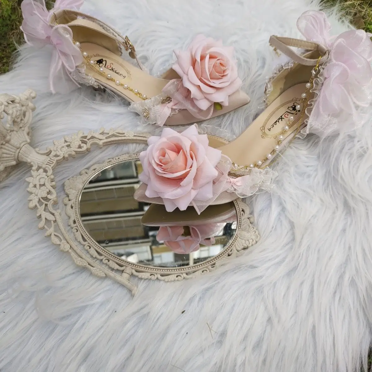 Wedding Shoes Women's Lolita Hand-Made High Heels Pink Pointed Toe Stiletto Flower