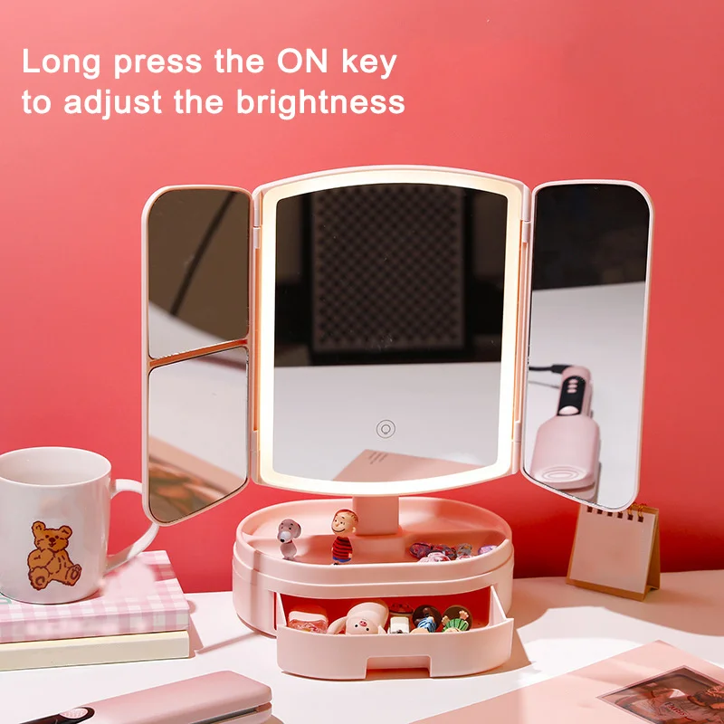 1x/2x/3x Magnifying Foldable Vanity Mirror with Drawer Desktop Makeup Mirror with Intelligent Light Led Mirror Rechargeable