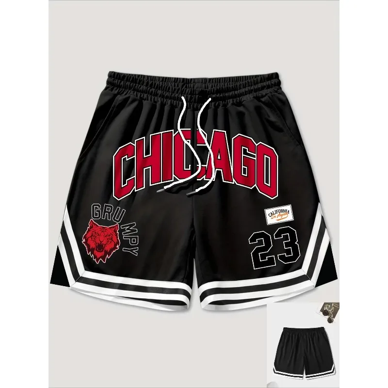 Men Color Block Chicago and Letter Print Shorts Drawstring Waist Summer Street Fashion Kid Summer Oversized Daily Streetwear