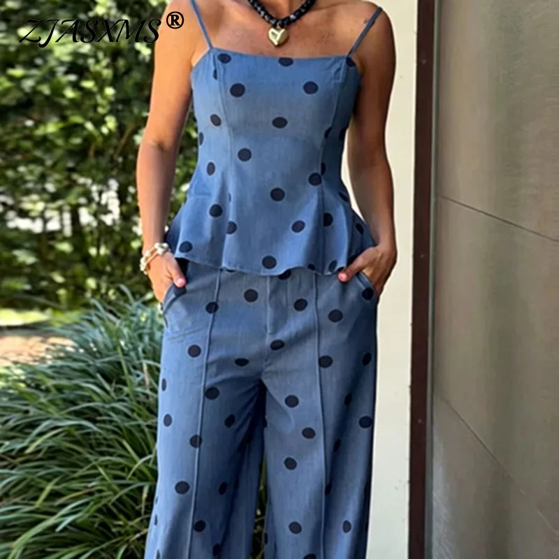 Vintage Dot Print Chambray Two Piece Suit Women Strap Square Neck Tank Top Pocket Leg Trousers Outfits Chic Holiday Backless Set