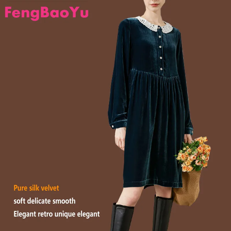 Fengbaoyu-Women\'s Silk Velvet Long-sleeved Dress, Retro, Hollowed-Out Details, Embroidered Edge Skirt, Women\'s Clothes, Spring