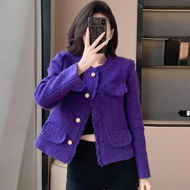 

Female Spring Autumn 2024 New Coarse Floral Purple Loose Fragrant Coat Jackets Women