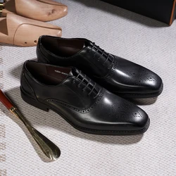 Italian Mens Dress Shoes Genuine Leather Male Plain Toe Wedding Party Oxfords Brogue Classic Lace-Up Office Formal Shoes for Men