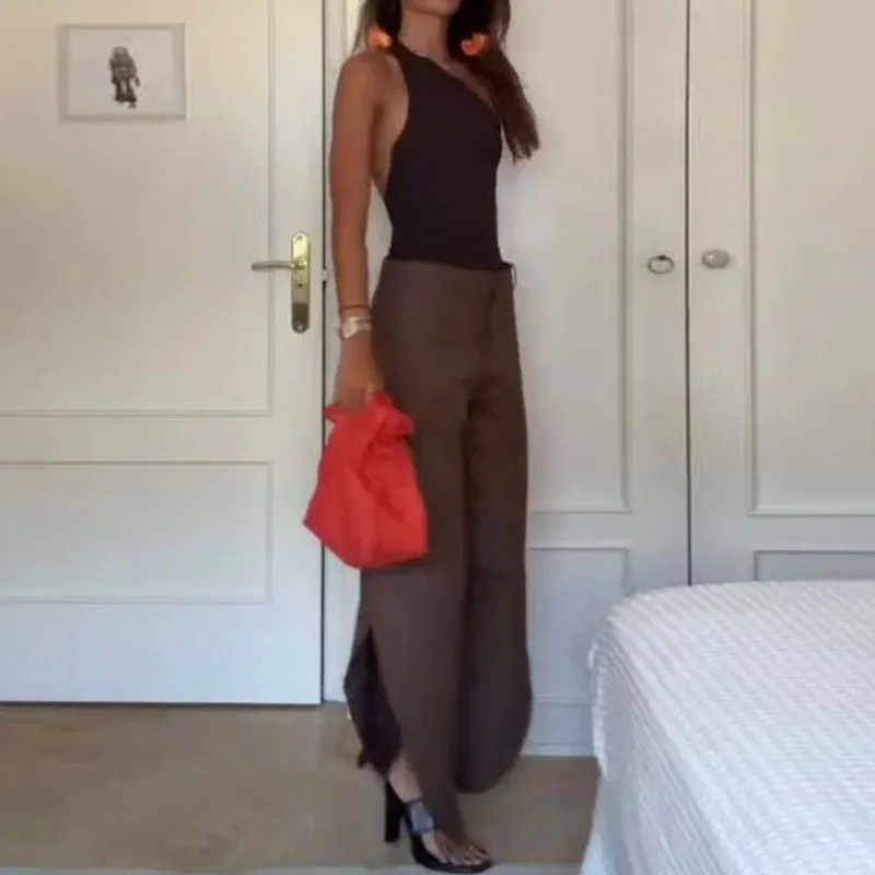 Moda oco sem mangas feminino 2 peça conjunto casual irregular sólido outfit sexy slant neck sem mangas topo e calças de perna larga terno
