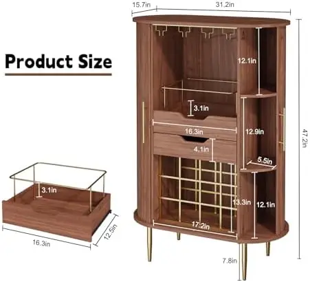Wine Bar Cabinet with Tambour Door, 16-Bottle Storage, Glass Stemware Rack & Coffee Bar Station, Multi-Functional Wine