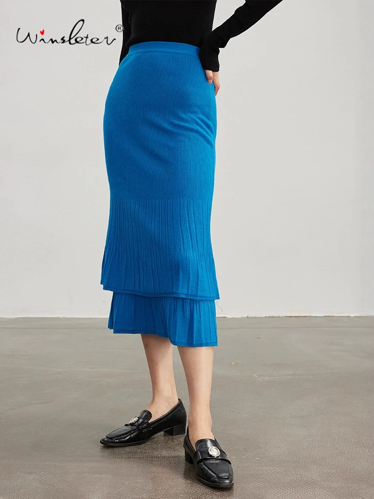 Winsleter-32.4%Sheep Wool Elegant Skirts, Double Layered Ruffles, Women Versatile Commute Trumpet Skirt, 2025 Autumn B59211CC