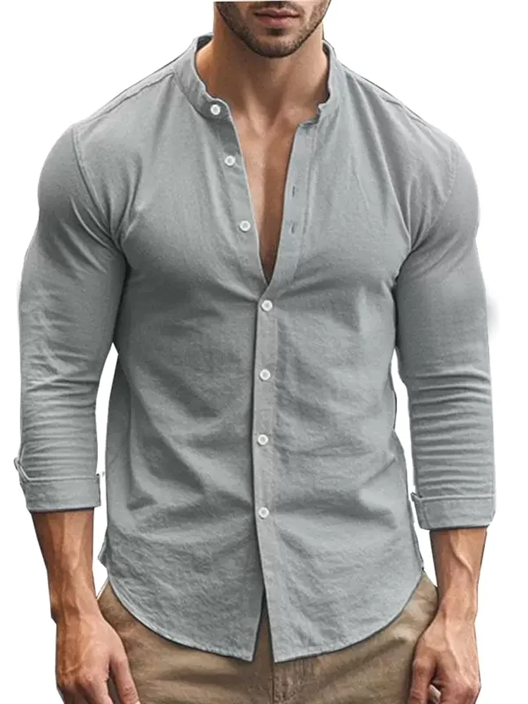 

Men's Slim Fit Long Sleeve Cotton Linen Shirt Stand Collar American Retro Sun Protection Open Cardigan Trendy Breathable Shirt