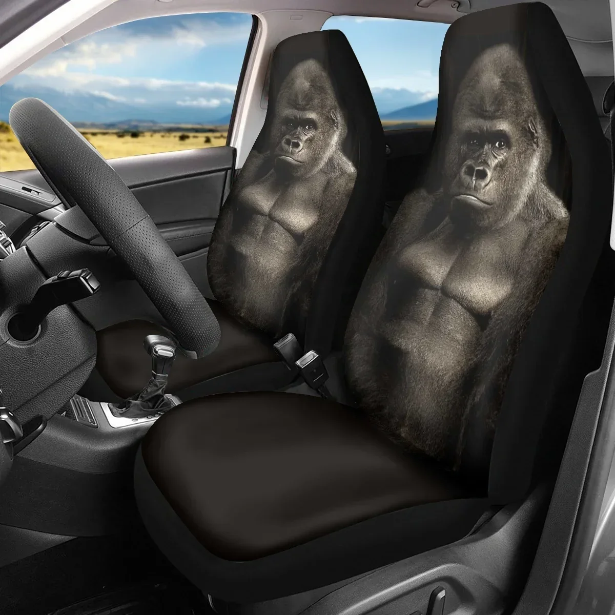 Black Gorilla Pattern Auto Front Seat Cover Set for Woman Men High Quality Full Set Comfortable 2Pcs Car Accessories New Fashion