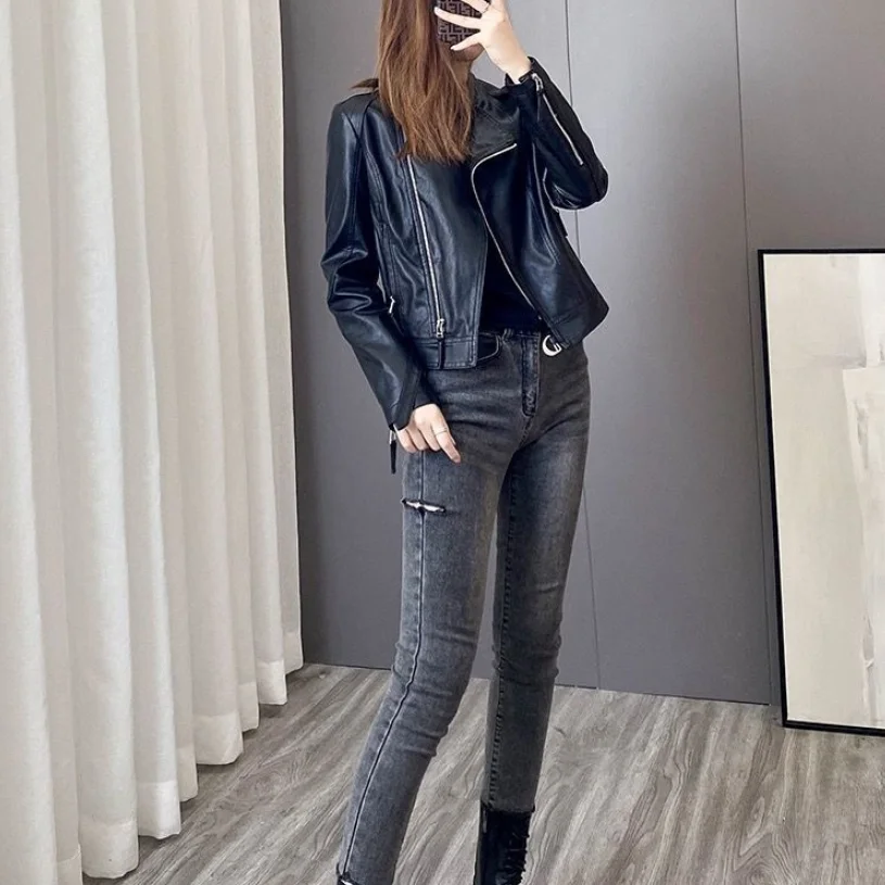 Women\'s PU Leather Jacket with Belt, Short Coat, Stand Collar, Motorcycle Washed Leather Jacket, Spring, New, High Quality, 2024