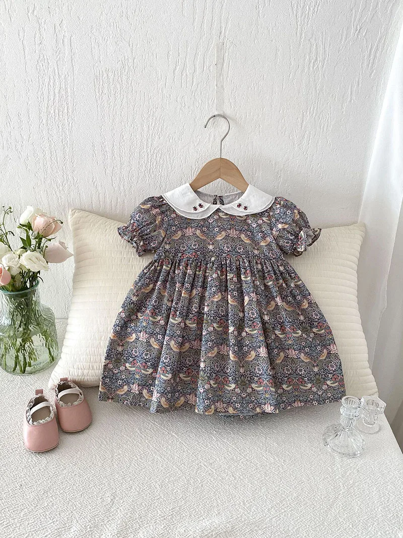 2026 New Summer Kids Dress 9M-4T Sweet Floral Girls Princess Dress Pastoral Style Loose Baby Clothes Toddler Cotton Outwear