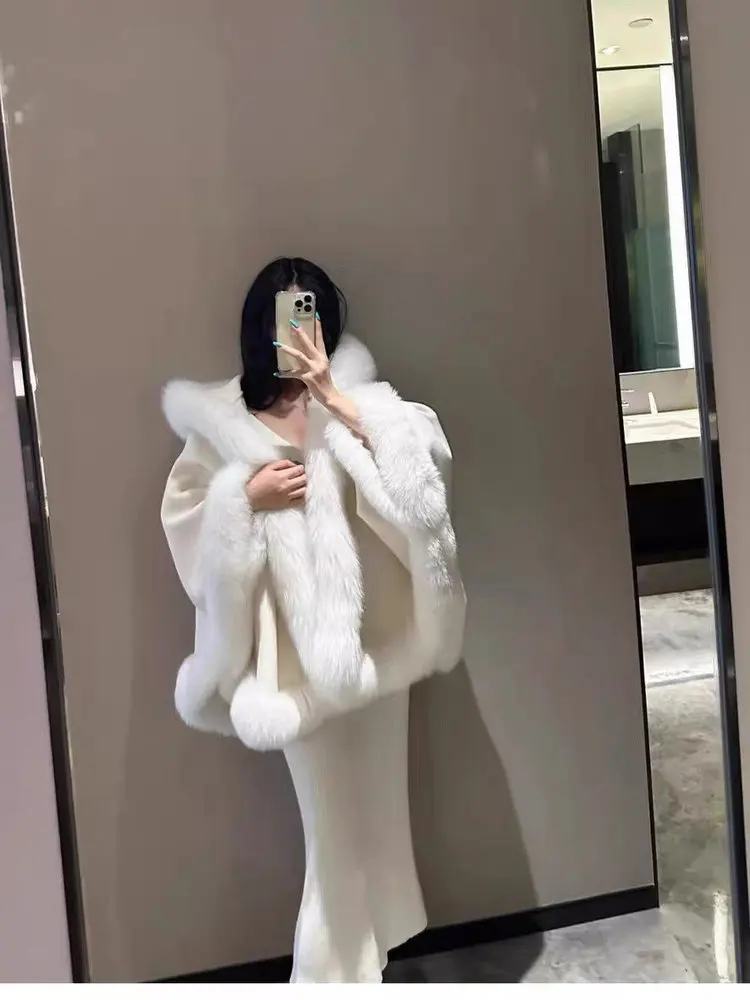 Chic Faux Fur Shawl Collar Hooded Coat Sweet Girl Plush Seductive Cowl Neck Long Sleeve Women's Thickened Autumn Winter Coat