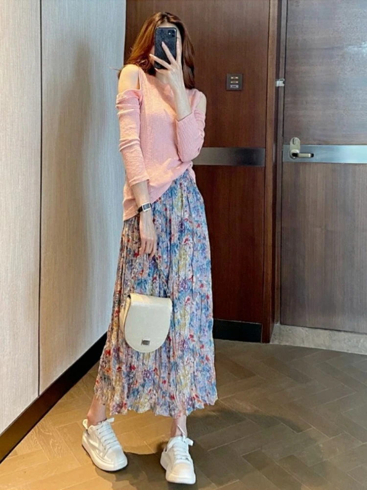2026 New Korean Style Summer Girlish Charm Skirt Soft Sweetheart Floral Print Mid Length Ethereal Dress For Women