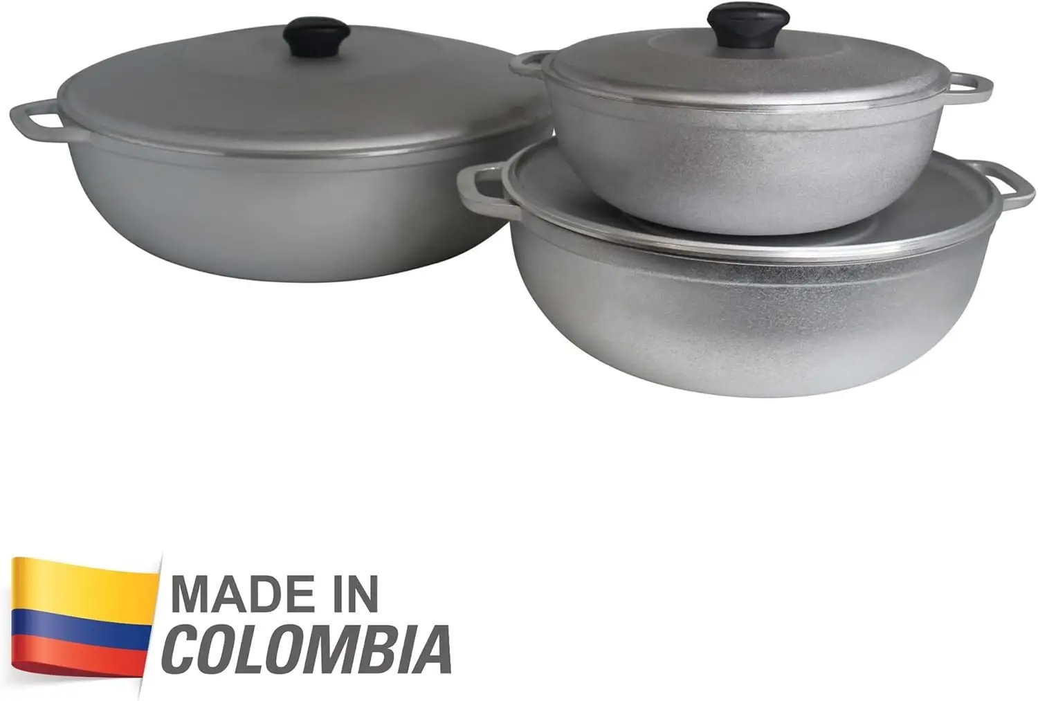 IMUSA USA Traditional Colombian Natural Caldero 3-Piece(1.5/3.5/7.0 Quart) Dutch Oven Set, Silver, Small