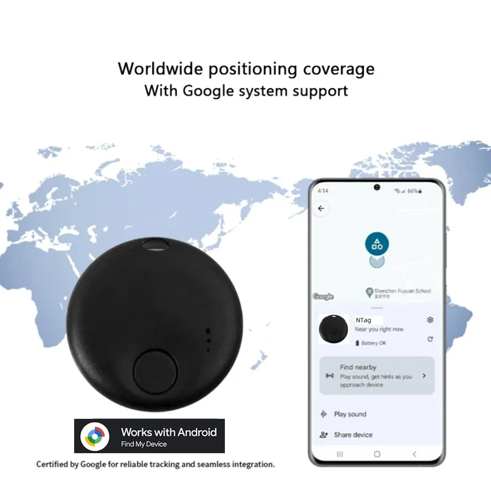 جهاز تتبع مغناطيسي صغير بنظام تحديد المواقع العالمي (GPS) لهاتف Android يعمل مع Google Find My Device تتبع عالمي مخفي للدراجات النارية/الحقيبة/المحفظة