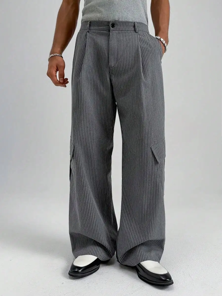 

Loose Fit Wide Leg Mens Corduroy Pants With Slant Pockets No Belt For Fall Winter