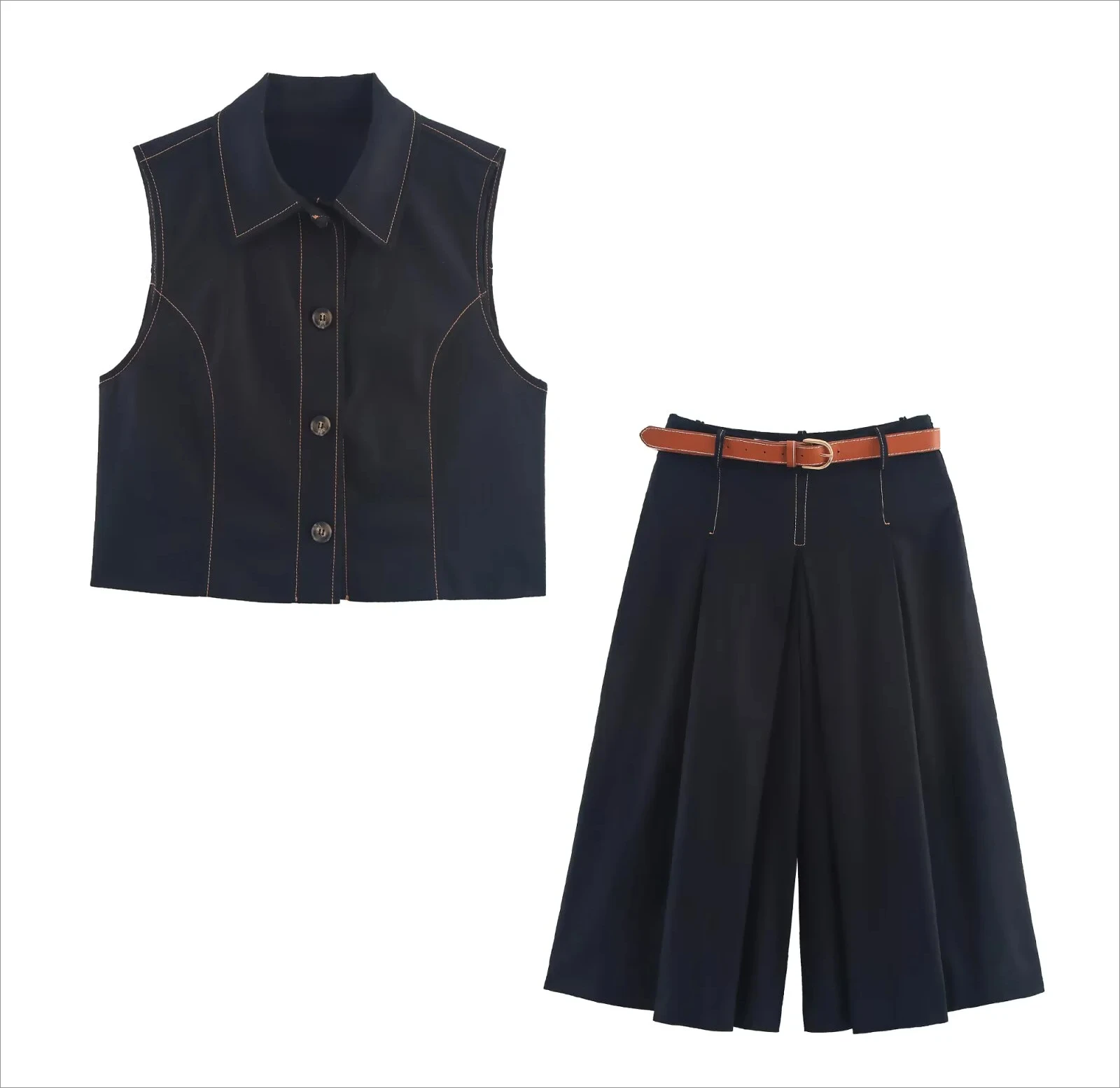 

new summer women's casual fashion contrast color stitching buttoned vest top + high waist pleated belt shorts