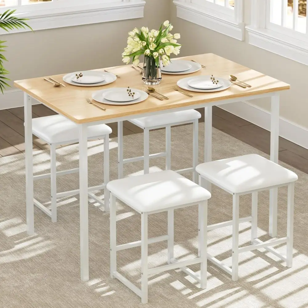 

Kitchen Table and Chairs or 4, Dining Room Set with PU Chairs/Stools, Heavy-Duty Metal e, Wooden Tabletop, Space-Saving Design o