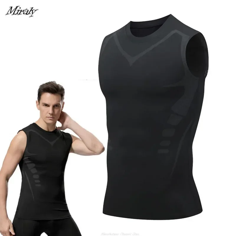 Chaleco moldeador iónico adelgazante de seda de hielo para hombres, camisetas de compresión, camiseta sin mangas, Control de barriga, camisas de Fitness