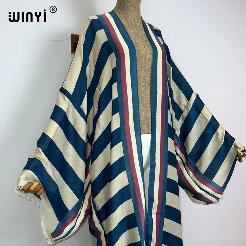 Winyi Kimono Afrika Sommer Boho Streifen Druck Strand Bade bekleidung elegante Strickjacke sexy Urlaub Maxi Strand tragen Badeanzug Abendkleid