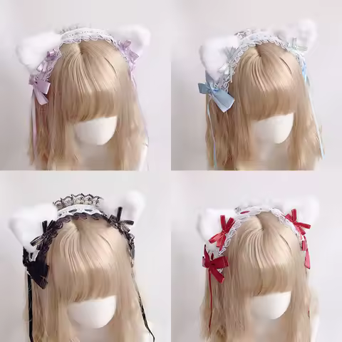 Lolita Cat Ear Hairband for Women Sweet Lace Hairpin Headdress Cosplay Anime Headbands Plush Faux Fur Ears Ribbon Bow Hair Hoop