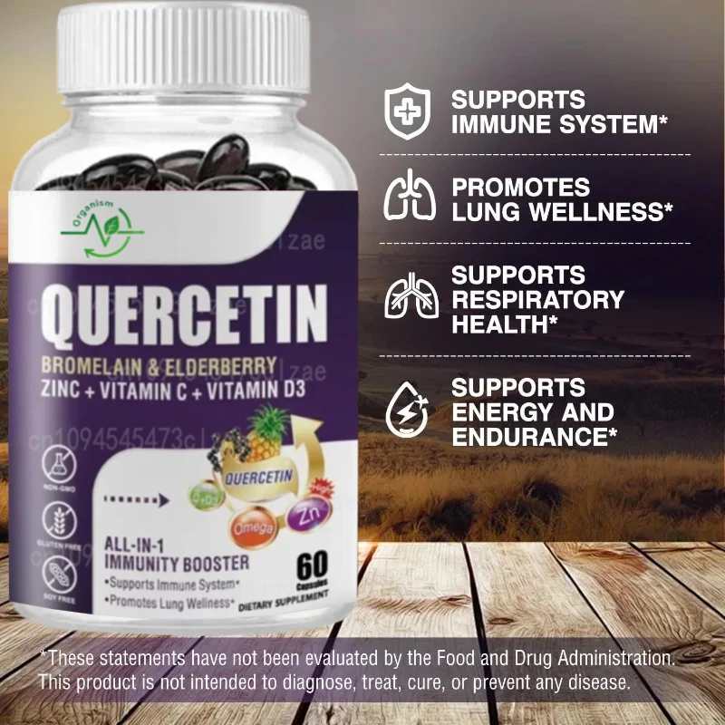 

Quercetin 500mg Capsules Contain Bromelain, Vitamins C and D3, Zinc, and Elderberry - Immune Supplements -60 Capsules