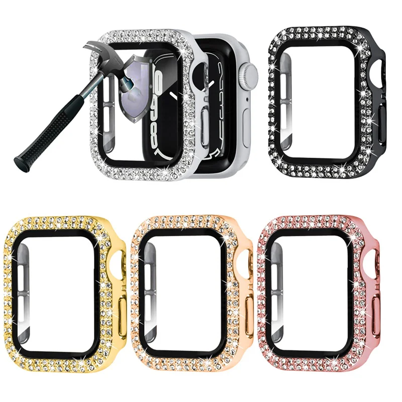 Bling Glass+Cover For Apple Watch Case 44mm 45mm 41mm 40mm 42mm 44 mm Diamond bumper+Screen Protector iwatch series 7 9 8 5 6 SE