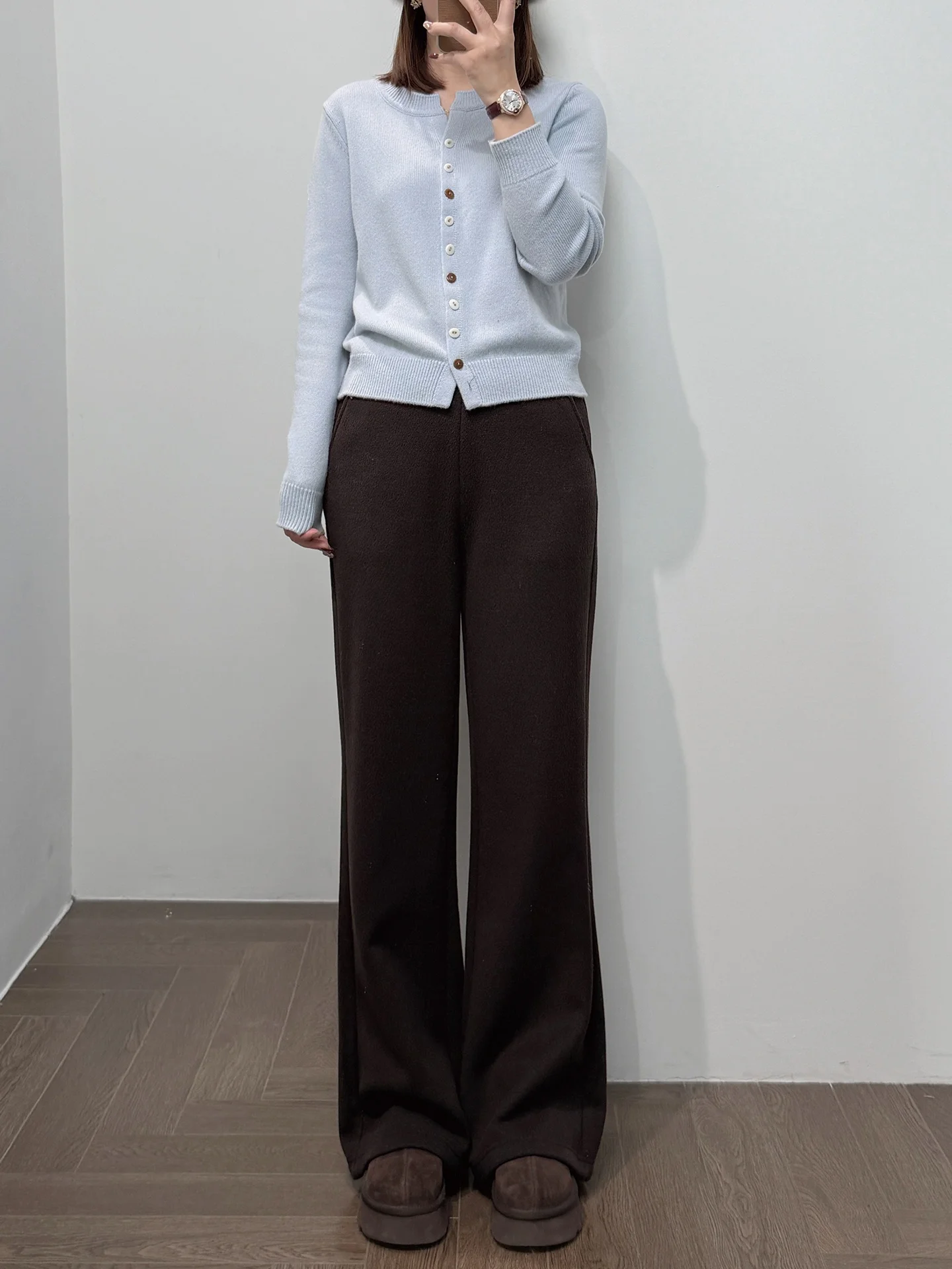 

High Waist Knitted Fleece Lined Straight Leg Bell Bottoms Super Leg Lengthening Warm Casual Trousers for Women Winter Fashion