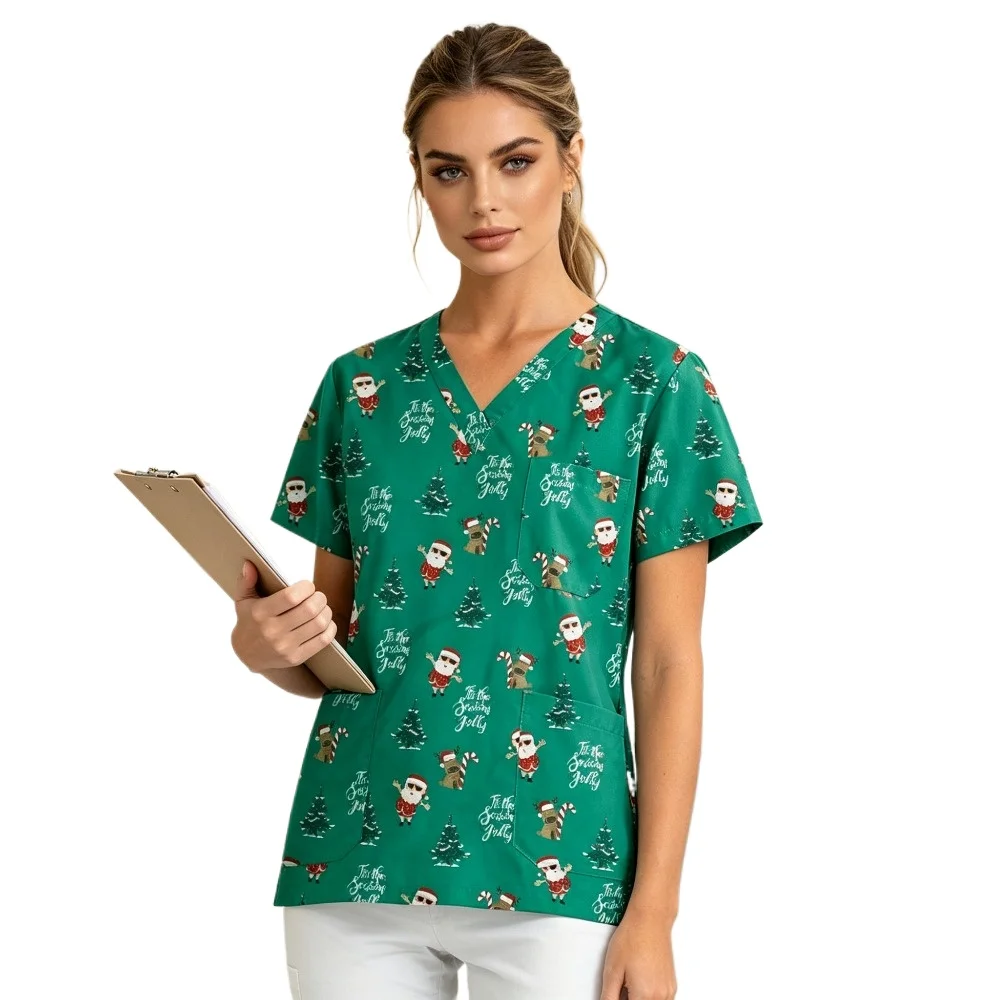 Women Christmas Cartoon Tooth Dental Print Short Sleeve Scrub Top,Nurse Costume Outfit Accessories Set for Holiday Dress Up
