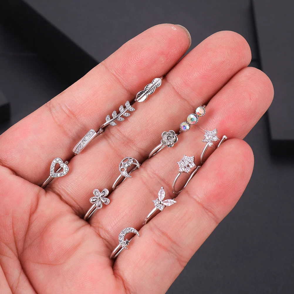 

12pcs Zircon Nose Clip No Piercing Elegant Smooth Party Dance Fake Nose Ring For Women Festive Jewelry