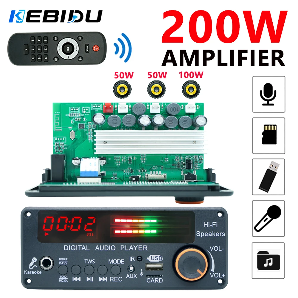 KEBIDU 200W Verstärker Bluetooth 5.3 MP3-Decoder-Board Freisprecheinrichtung Auto Kabelloser MP3-Player Mikrofon USB TF FM-Radio TWS Musikplayer