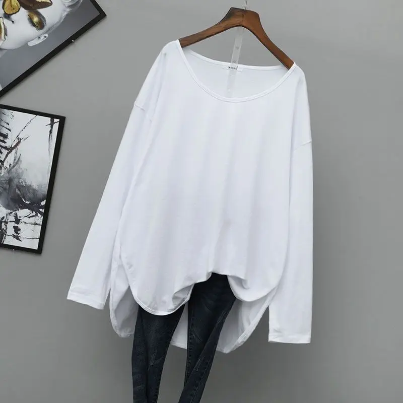 Spring Autumn New Solid Color Fashion Long Sleeve T-Shirts Women High Street V-Neck Loose Asymmetrical All-match Chic Pullovers