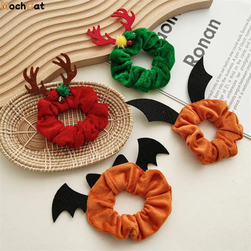 

Ties Female Cute Christmas Halloween Bat Antler Cloth Flannel Scrunchies Elastic Hair Bands Women Hair Rope Ponytail Holder