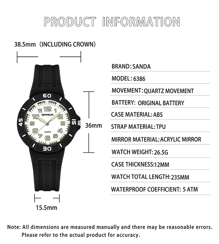 SANDA Men Women Student Quartz Watch Children Clock 50M Waterproof Luminous Durable Simple Elegant Sports Wristwatch