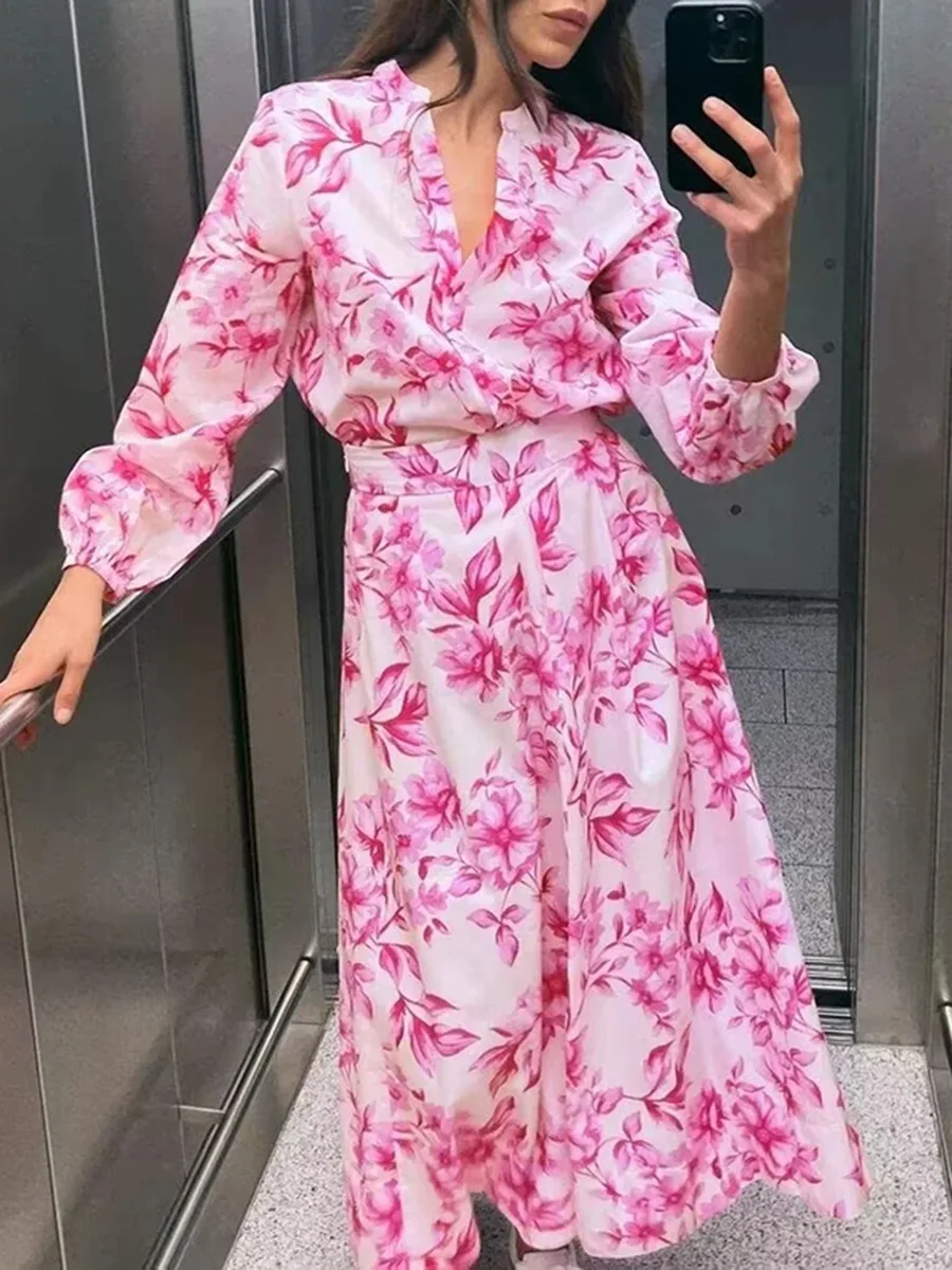 

Women Skirt 2 Piece Set Floral Print Long Sleeves Single-Breasted Shirts Casual Tops+Fashion High Waist Zipper Slim Long Skirt