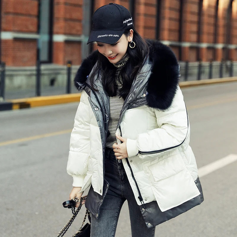 

Mulheres Casacos Ladies Loose Gloss Down Padded Jacket Warm Womens Cotton Short Parka Thick Size Coat Fur Collar Fashion Korean