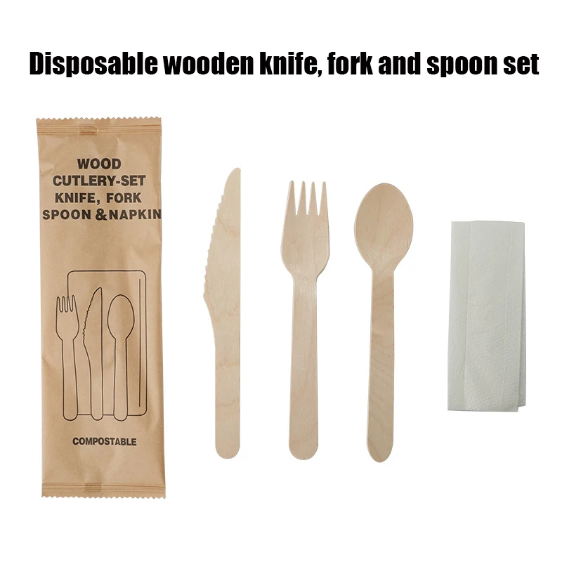 Disposable Wooden Cutlery Set - 100% Home Compostable (Fork, Knife, Spoon & Napkin) Individually Wrapped, 6.3 Inch, Eco-Friendly