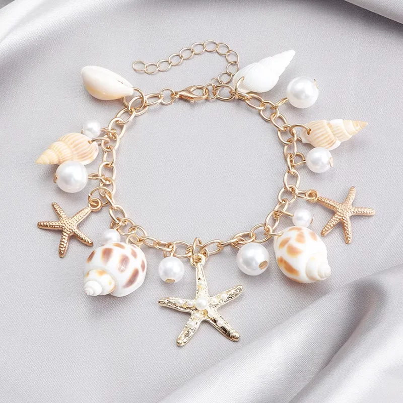 Bohemian Women Ocean Shell Conch Starfish Pendant Bracelet Beach Jewelry Accessories Fashion Imitation Pearl Bracelet For Women