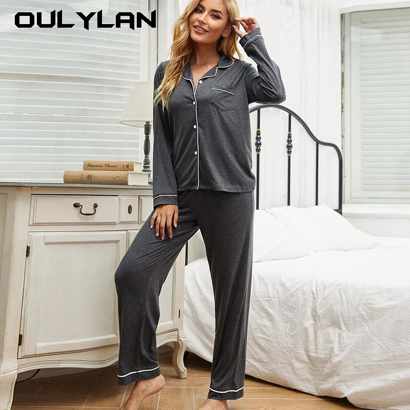 Oulylan Autumn Pajamas Set Women's Long Sleeves Solid Gray Sleepwear Button Loungewear  Set Nightwear S-XL With Pocket for Ladie