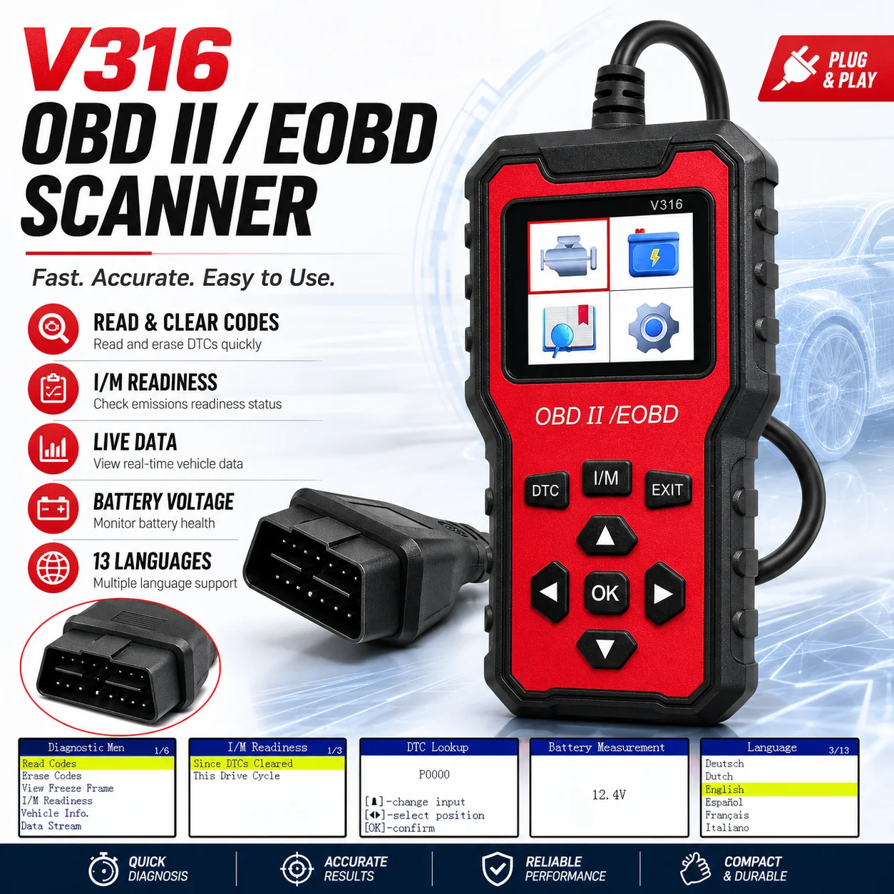 2026 Newest V315 OBD2 Scanner Car Code Reader, Plug & Play OBDII Diagnostic Scan Tool, Read & Erase Fault Codes, Live Data Strea